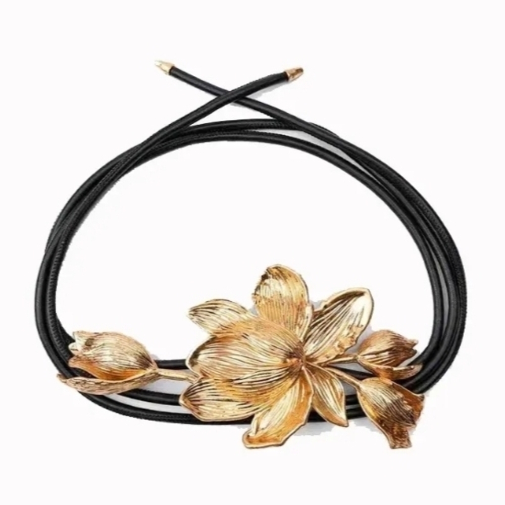 House of Harlow 1960 Black Cord Belt with Gold Floral Buckle